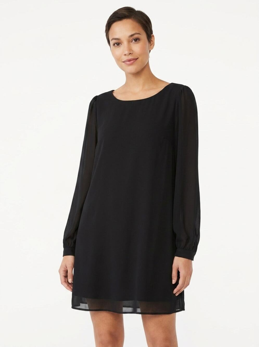 Lulus Black Chiffon Long Sleeve Scoop Neck Shift Dress Women